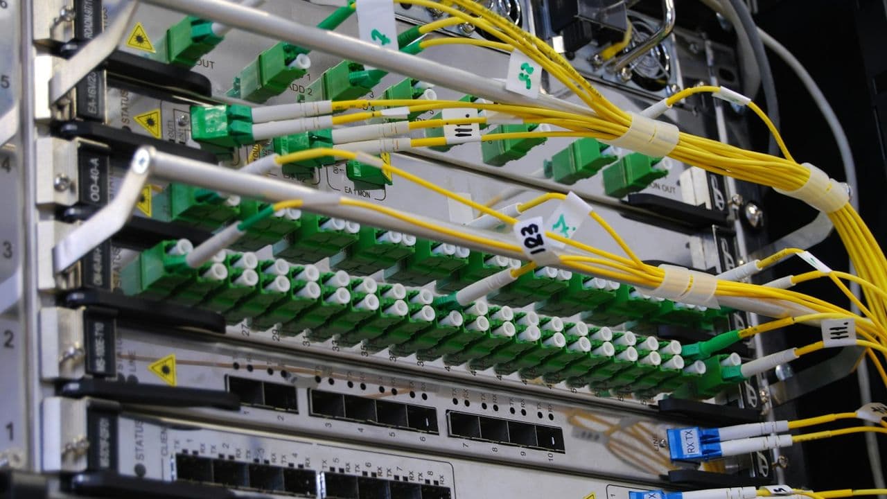 Cables de fibra óptica conectados en un rack